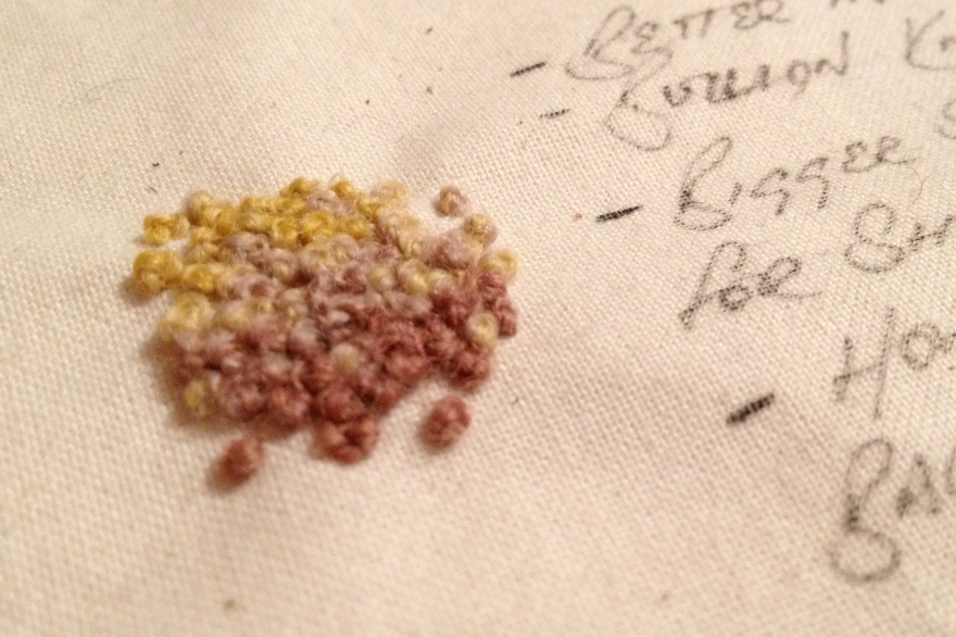 french knots with shading, mustard to rose