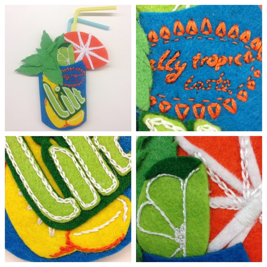 embroidered felt brooch, Lilt coctail can